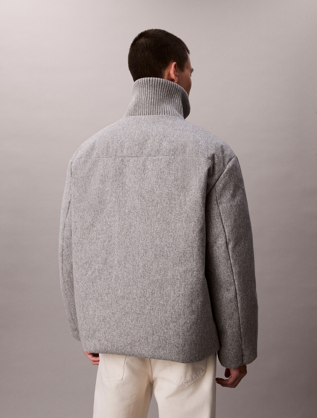 Melange Ribbed Neck Puffer Jacket, Heather Grey, hi-res