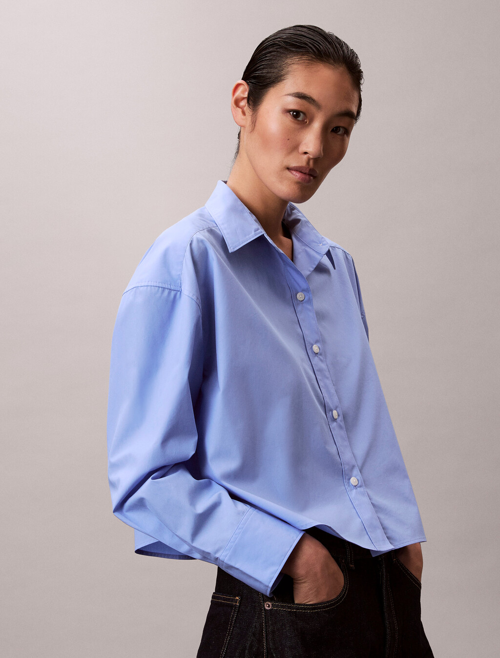 Poplin Relaxed Cropped Button-Down Shirt, Hydrangea, hi-res