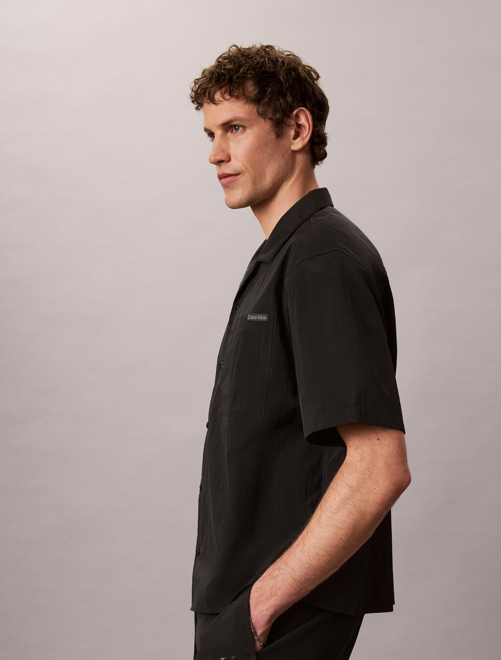 Nylon Relaxed Camp Collar Shirt, Black, hi-res