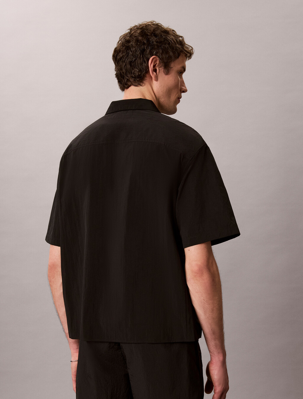 Nylon Relaxed Camp Collar Shirt, Black, hi-res