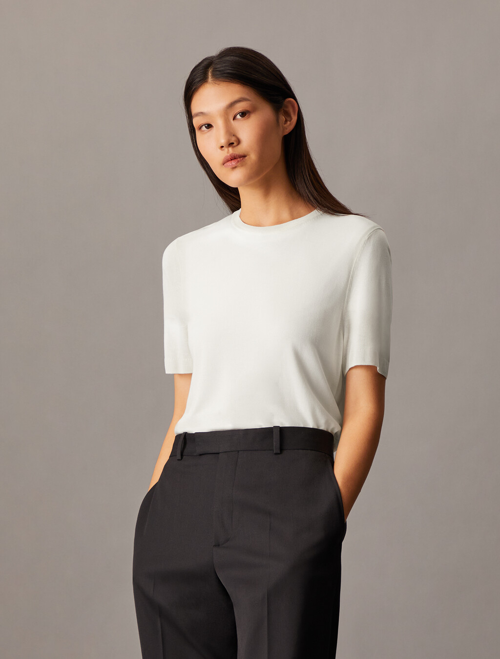 Fine Gauge Viscose Short Sleeve Sweater, Vanilla Ice, hi-res