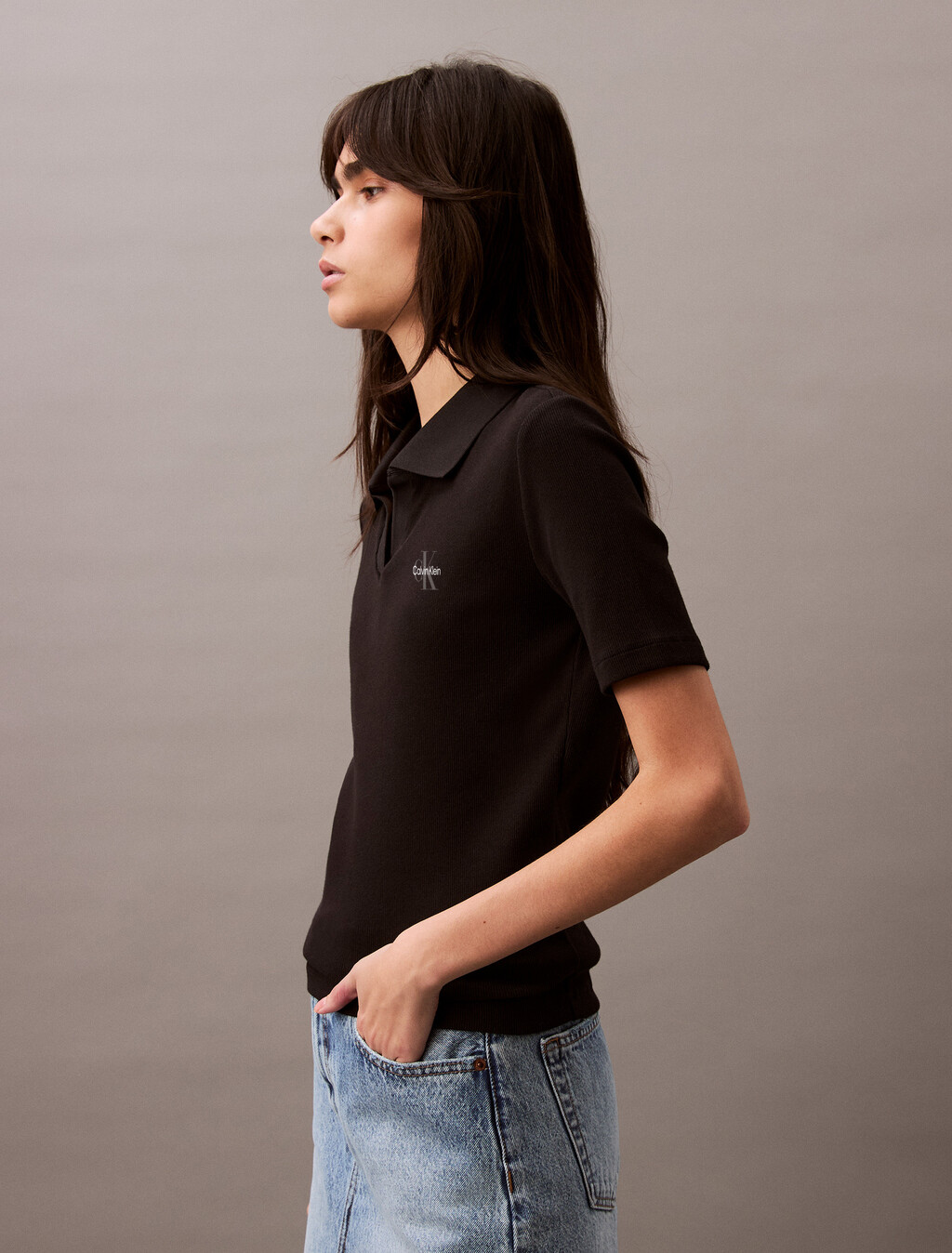 Essential Slim V Neck Polo, Black, hi-res