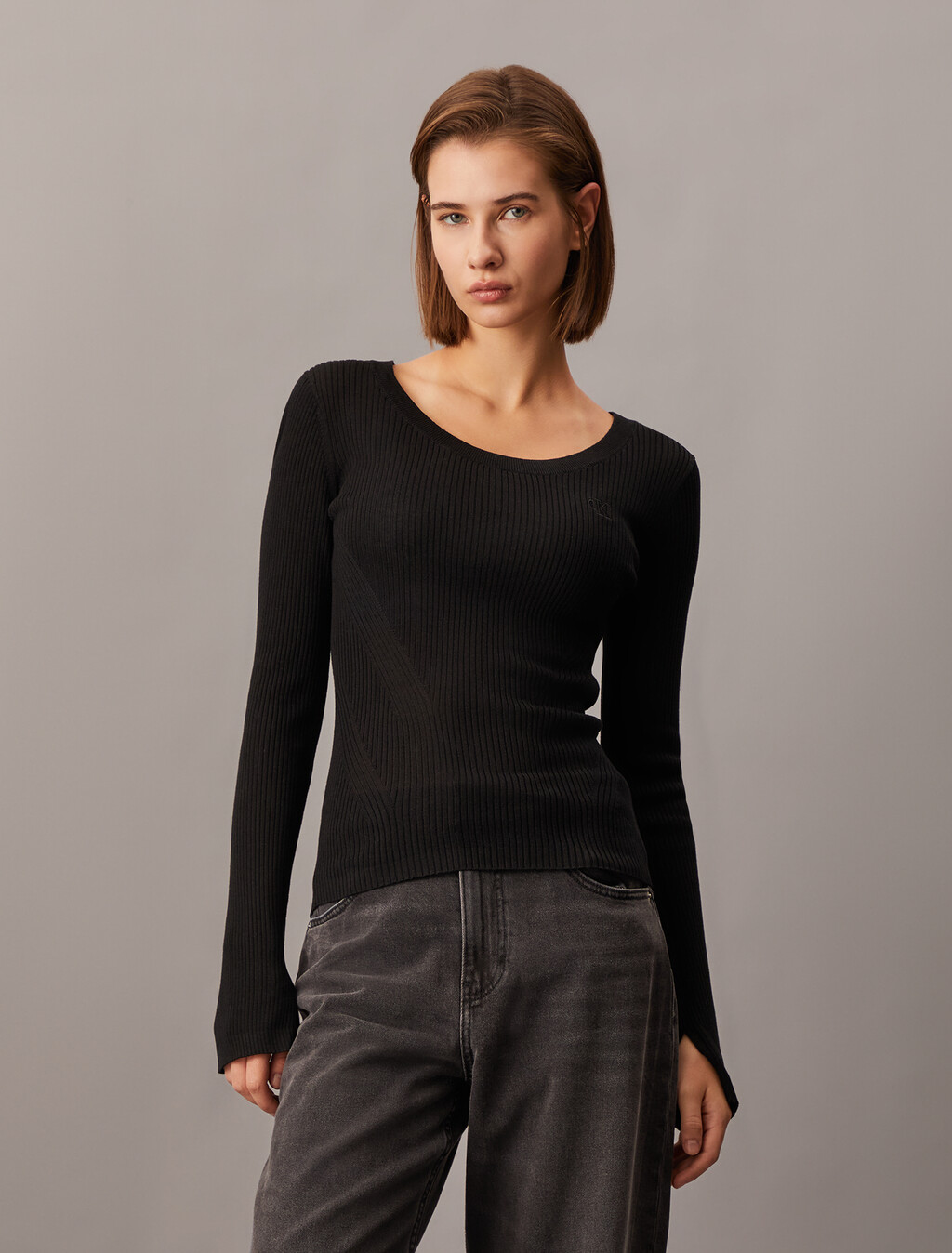 Rib Knit Slim Knit Top, Ck Black, hi-res