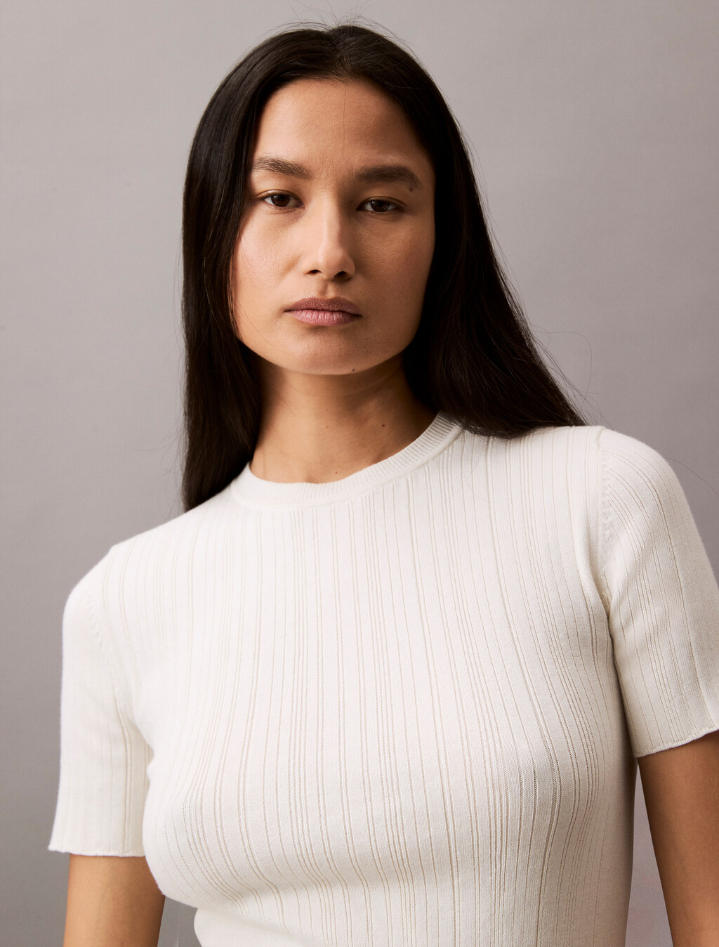 Cotton Variegated Rib Knit Top, Tofu, hi-res