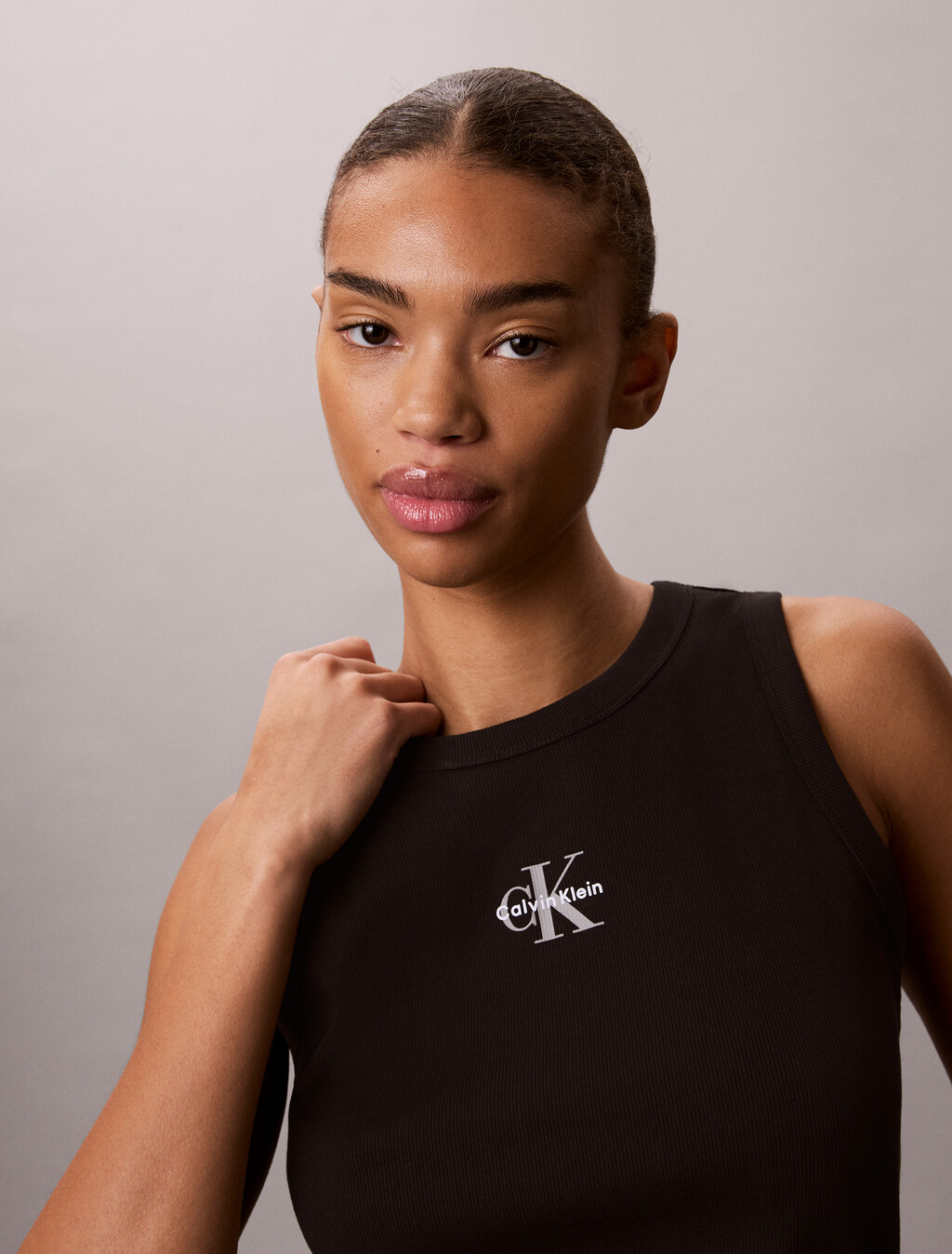 Rib Knit Monogram Tank Top, Black, hi-res