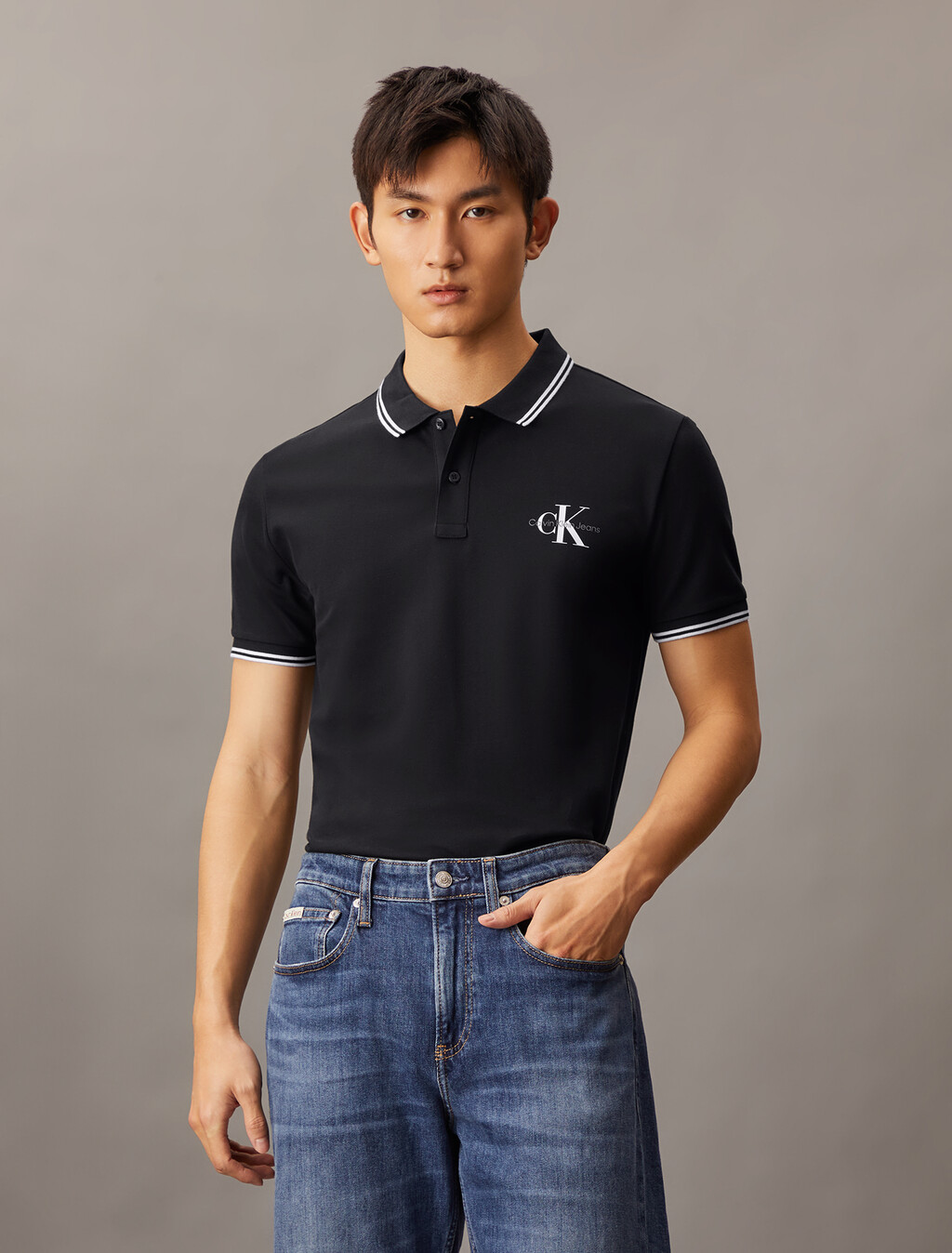 Monogram Slim Tipped Polo, Ck Black, hi-res