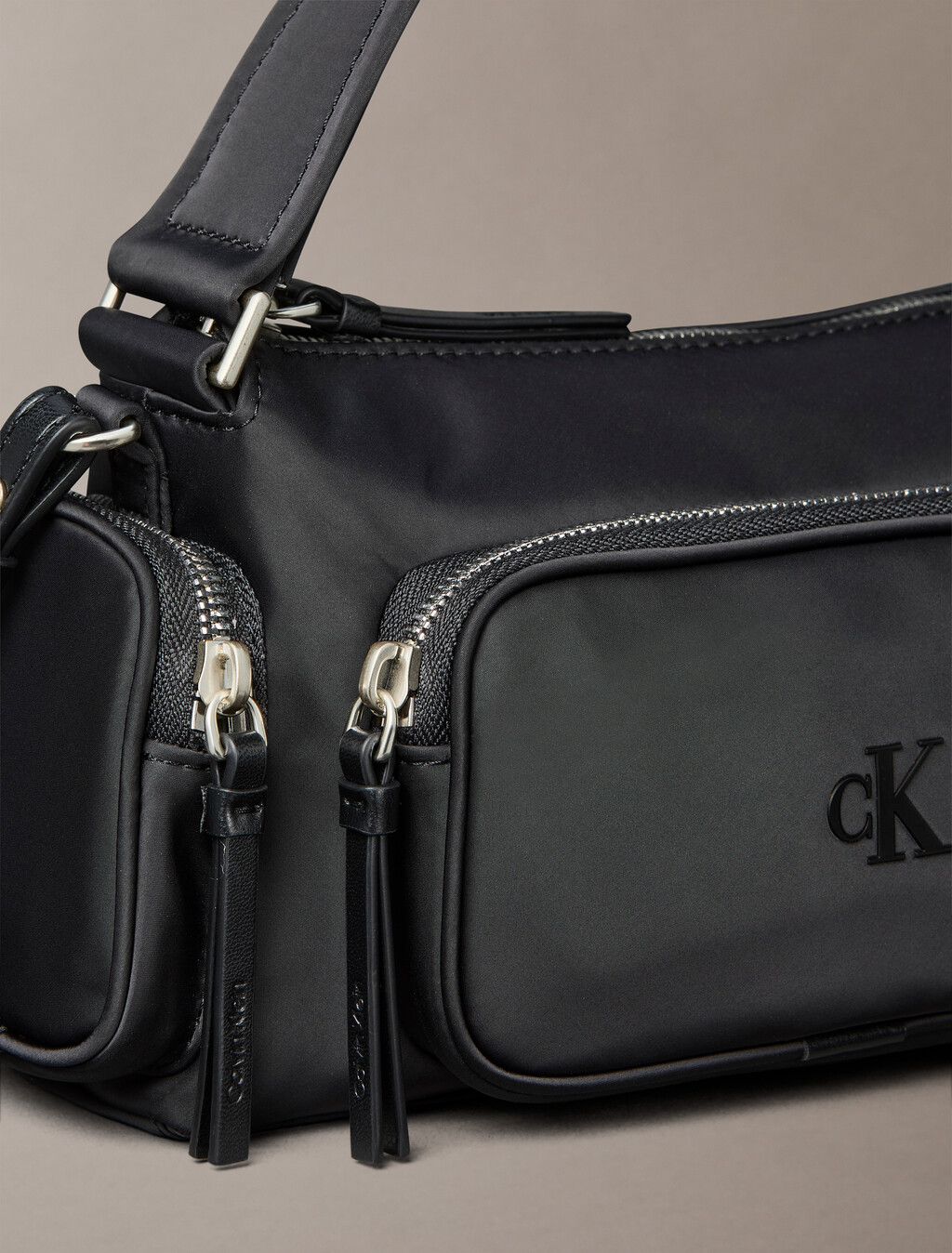 Soft Satin Nylon Shoulder Bag, Black, hi-res