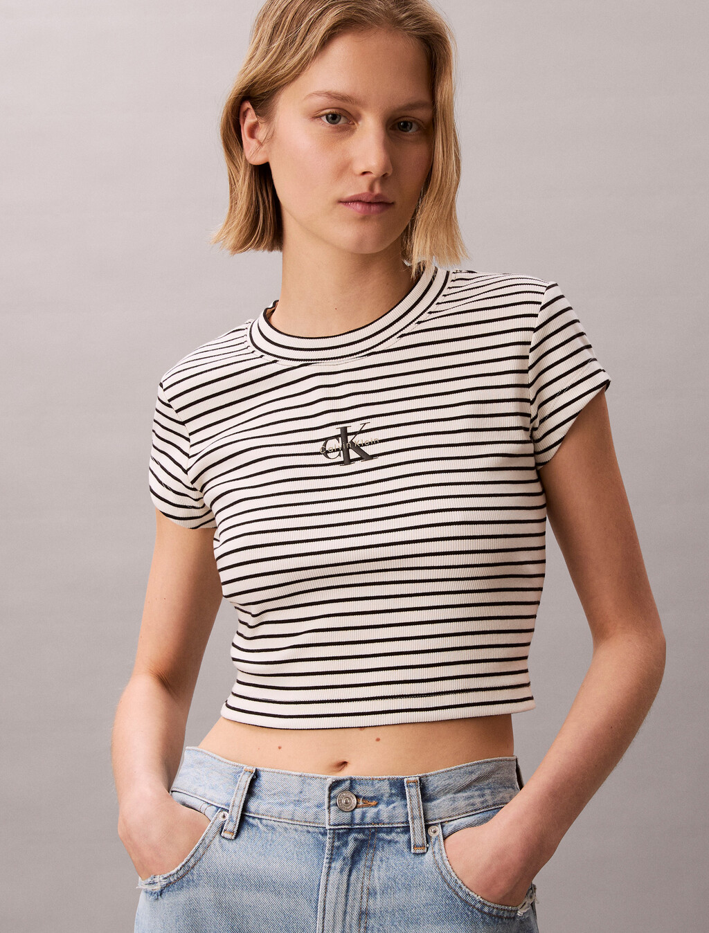 Slim Ribbed Stripe T-shirt, CSW25S K004 3 Black, hi-res