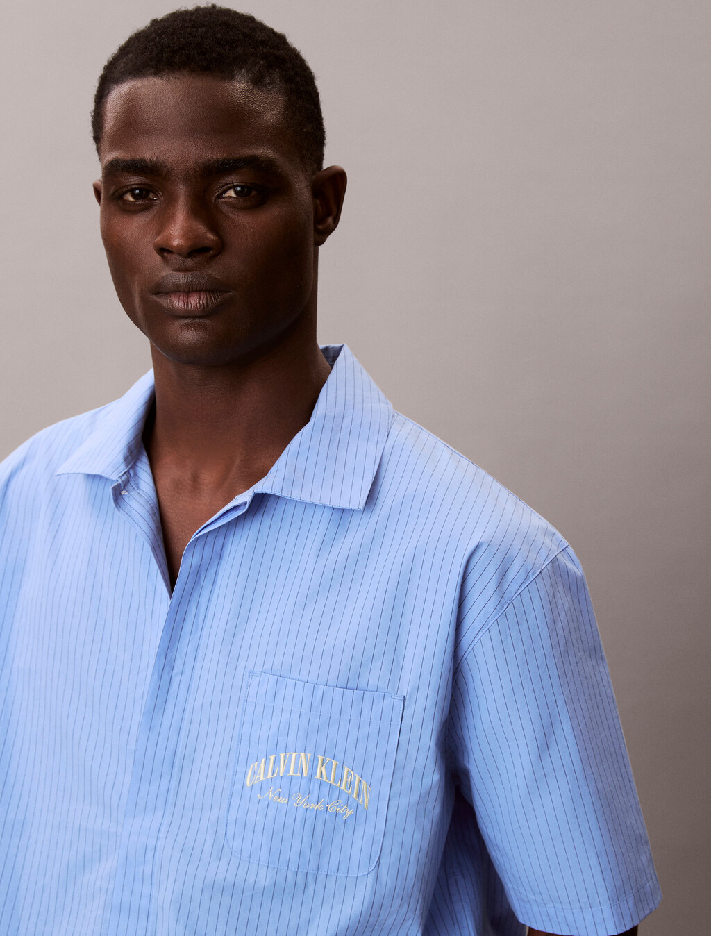 Cotton Crest Logo Pyjama Top, SLIM STRIPE BLUE DESCENT, hi-res