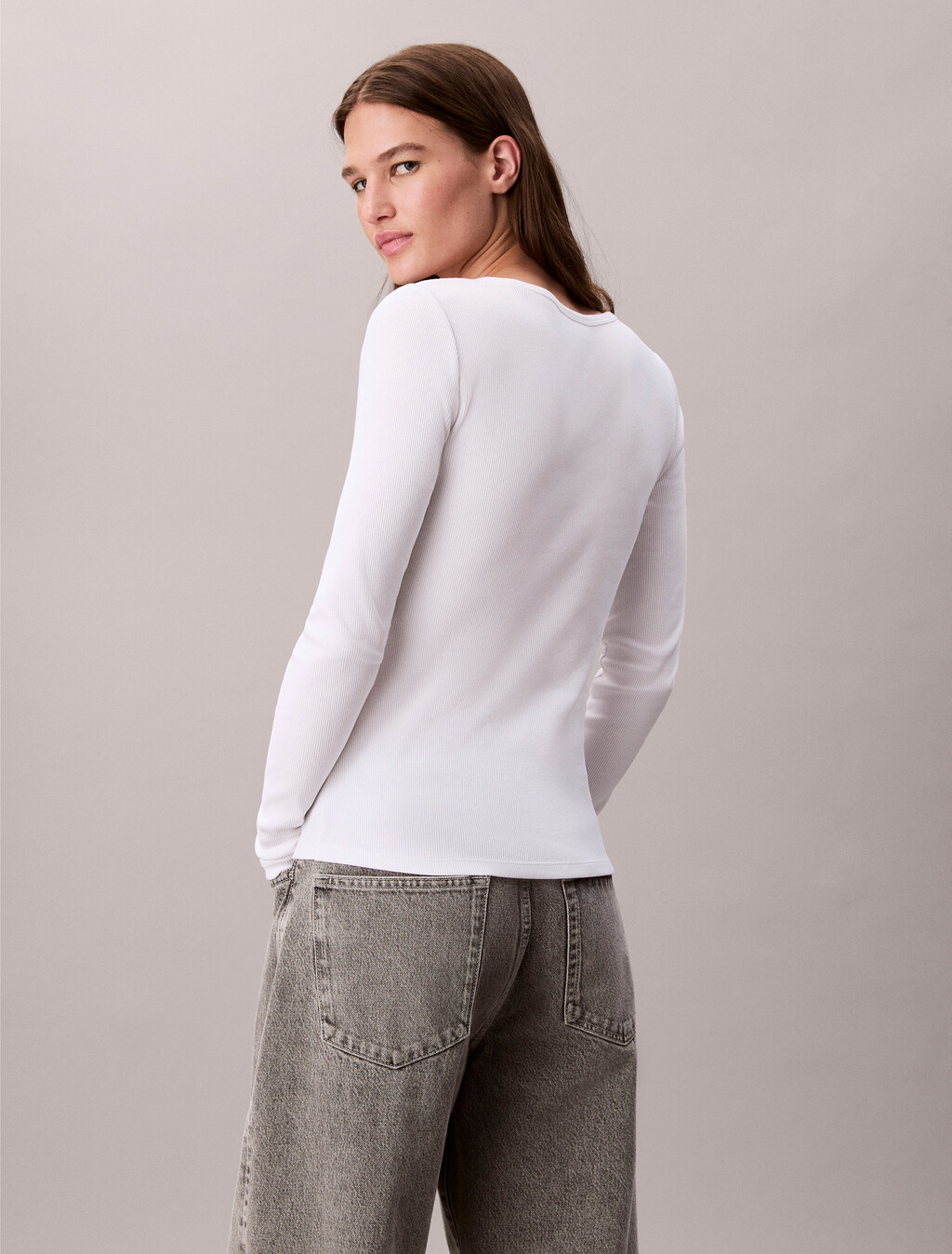 Ribbed Cotton Long Sleeve Top, Brilliant White, hi-res