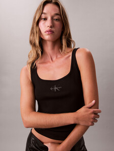 Monogram Scoop Neck Rib Knit Tank Top, Black, hi-res