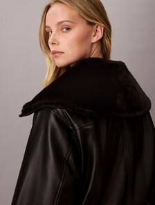 Faux Leather Bomber Jacket, Black, hi-res