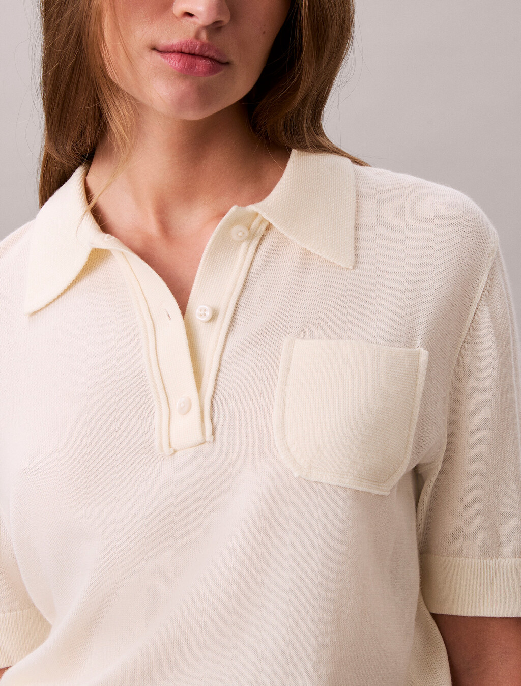 Merino Wool Polo Jumper, Chalk, hi-res
