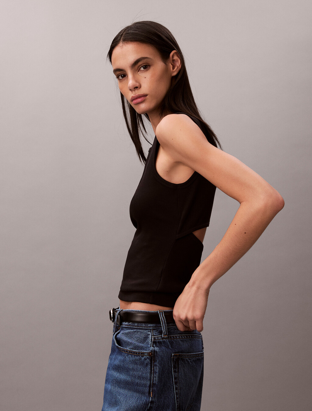 Monogram Label Cutout Tank Top, Black, hi-res