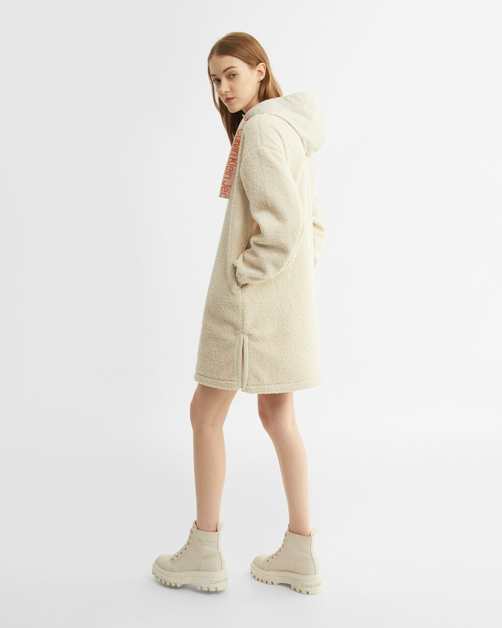 MIX MEDIA SHERPA FLEECE RELAXED SWEATSHIRT DRESS, Eggshell, hi-res