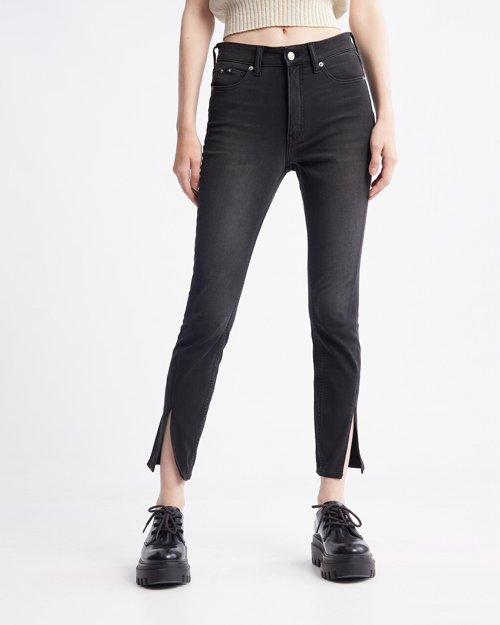 Ultimate Stretch High Rise Skinny Black Ankle Jeans, Washd Black Twisted Side Seam Split, hi-res