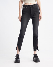 Ultimate Stretch High Rise Skinny Black Ankle Jeans, Washd Black Twisted Side Seam Split, hi-res