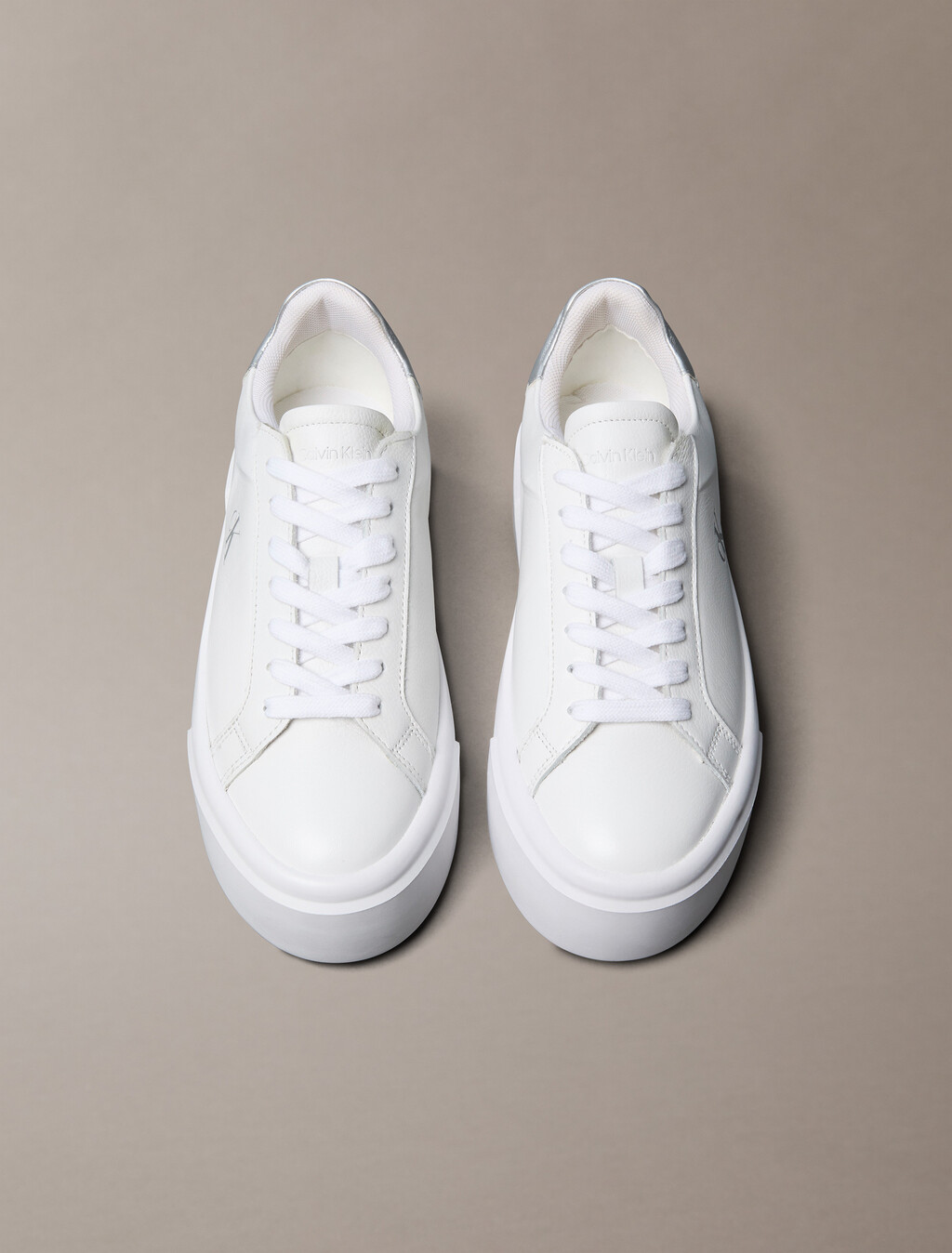 Sienna - Leather Logo Platform Trainers, Bright White/Silver, hi-res