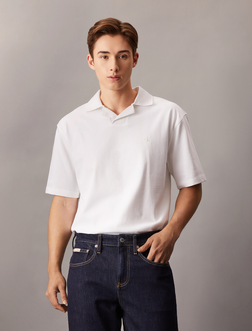 Contrast Open Collar Polo, Bright White, hi-res