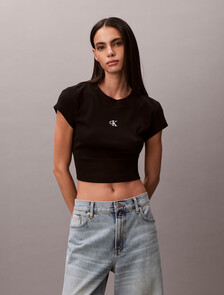 CK Logo Rib Knit Baby Tee, Black, hi-res