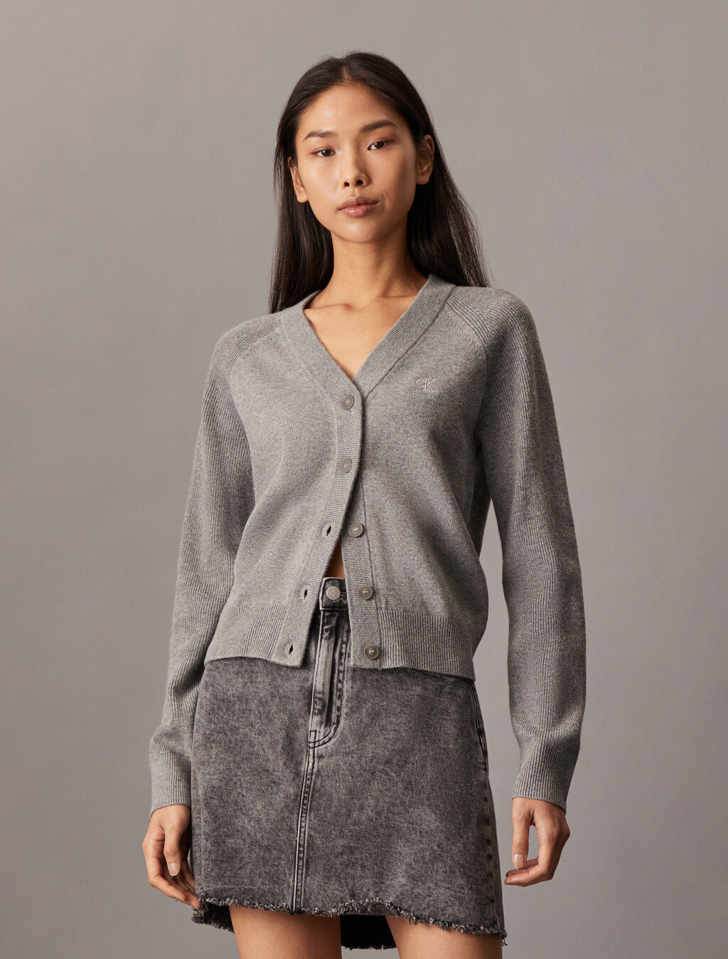 V Neck Rib Knit Cardigan, Grey Heather, hi-res