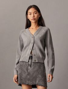 V Neck Rib Knit Cardigan, Grey Heather, hi-res