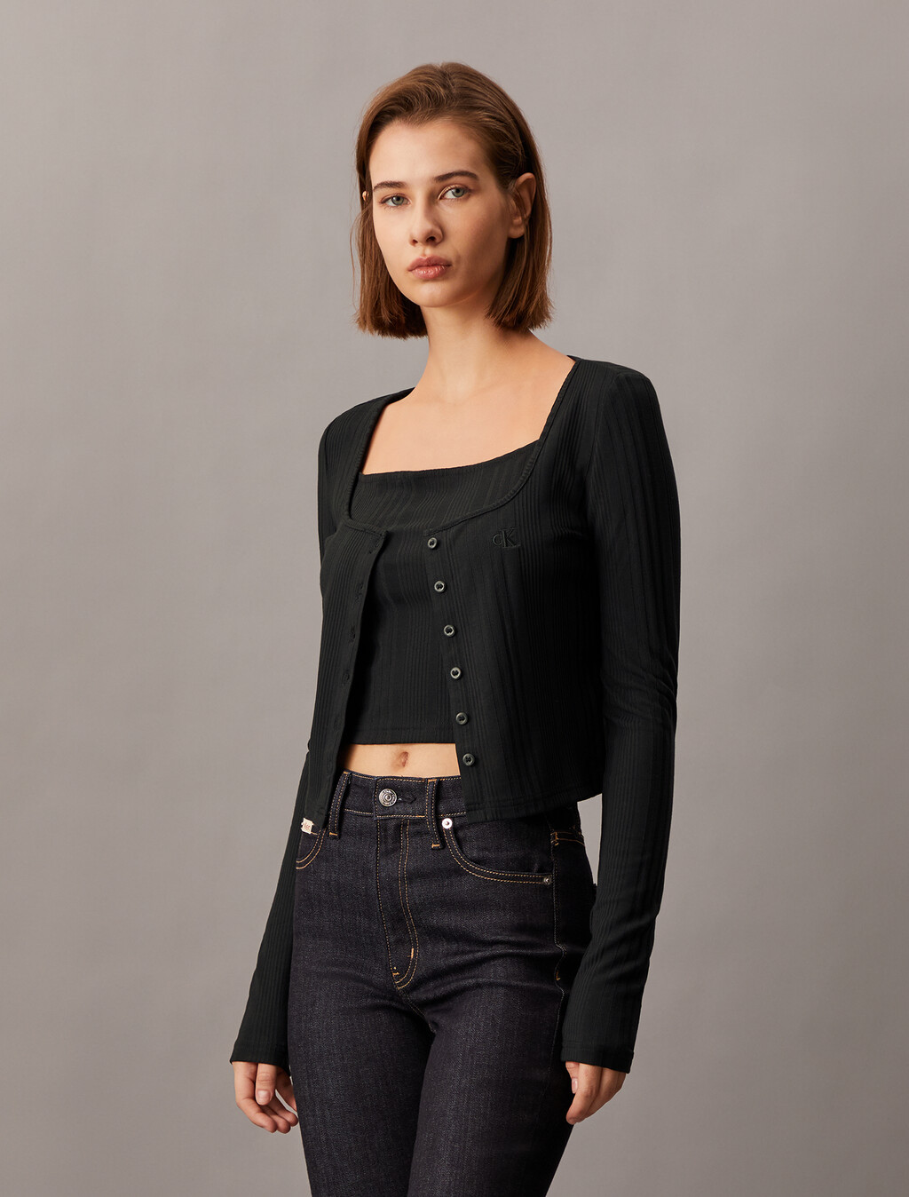 2 in 1 Rib Knit Slim Cardigan, Ck Black, hi-res