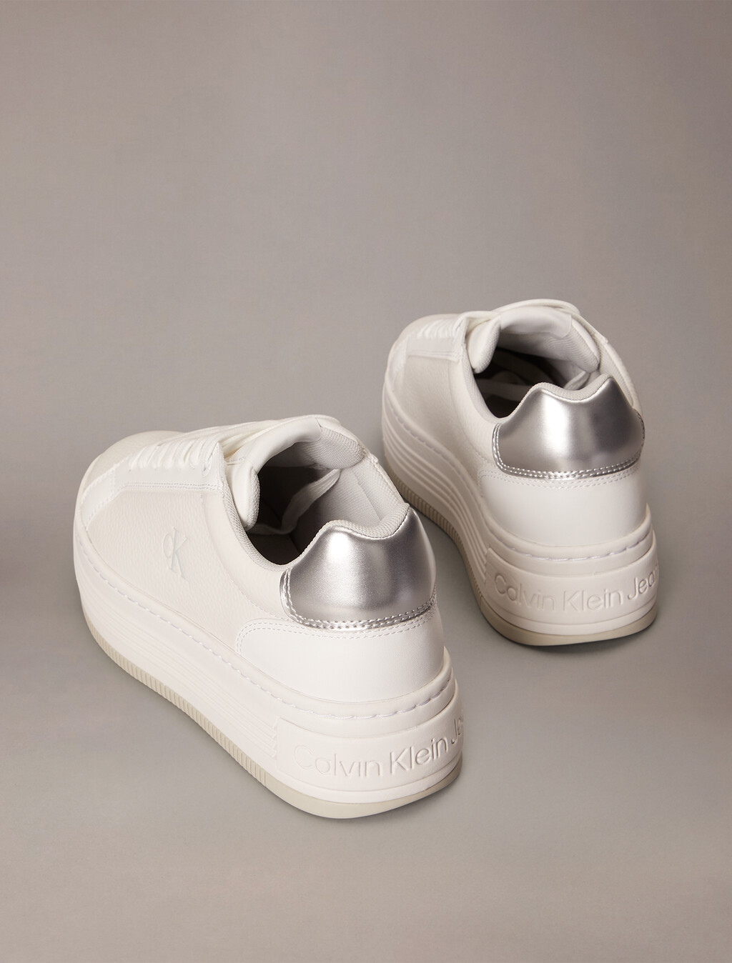 Leather Platform Trainers, Bright White/Silver, hi-res
