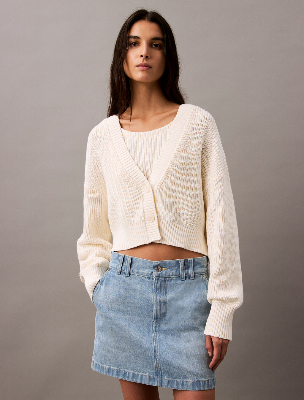 2 in 1 Cropped Cardigan Set, Tofu, hi-res