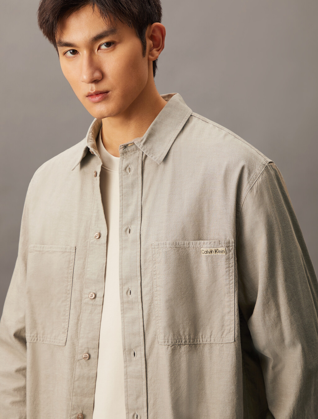 Relaxed Cotton Chambray Shirt, Taupe Gray, hi-res