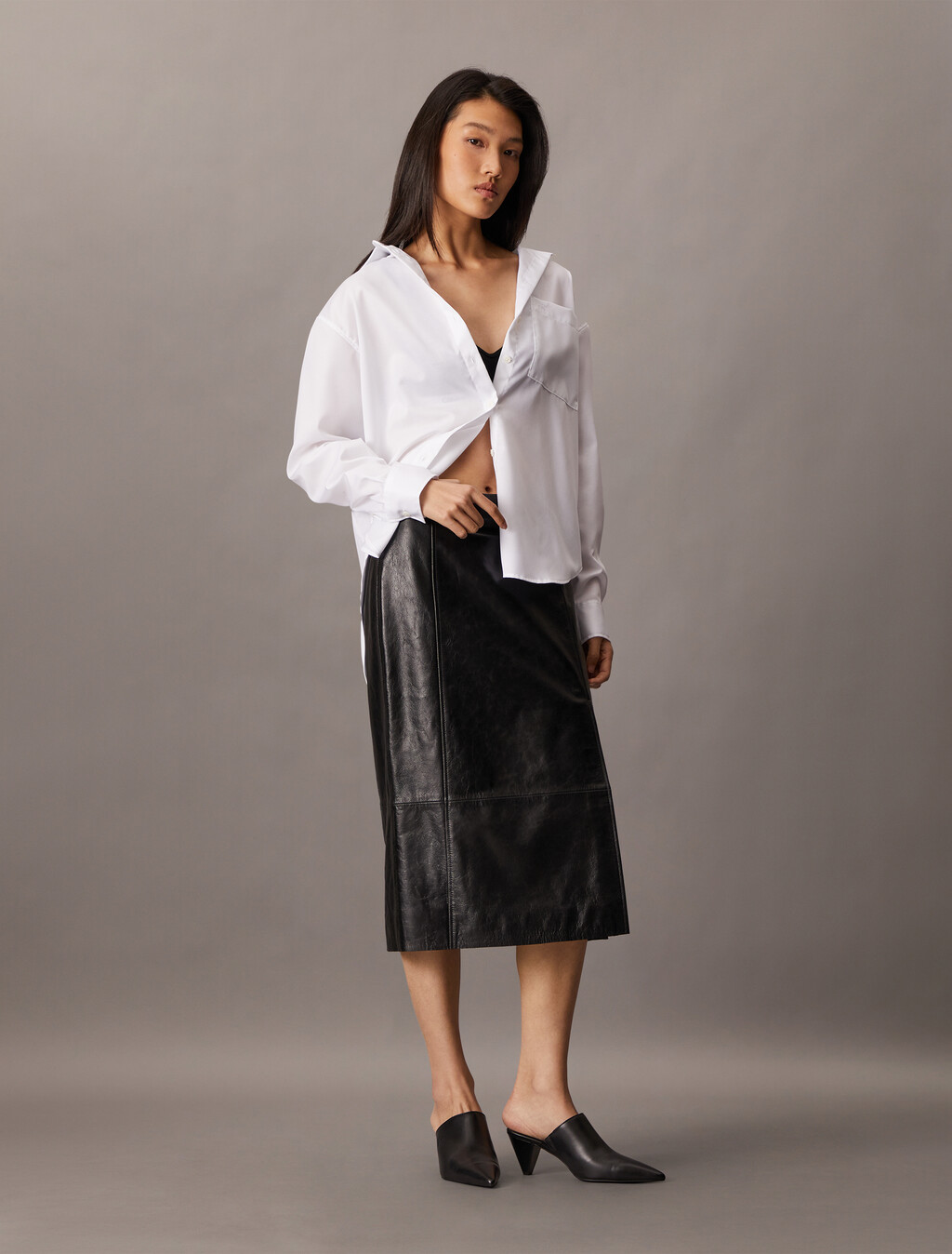 Leather Midi Skirt, Black, hi-res