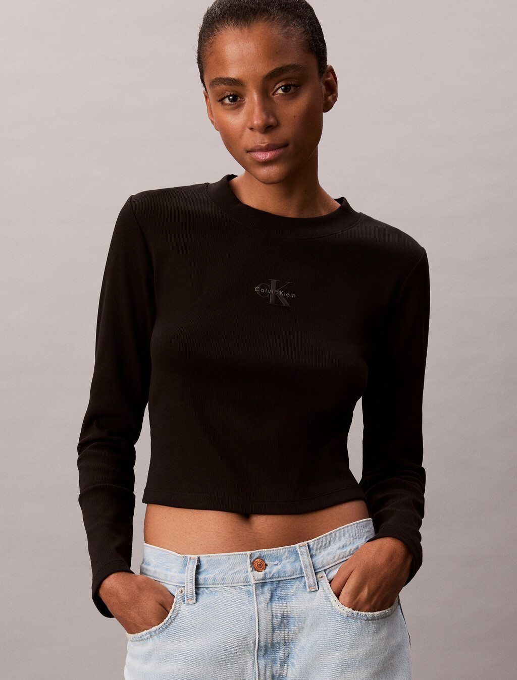 Monogram Logo Long Sleeve Baby Tee, Black, hi-res