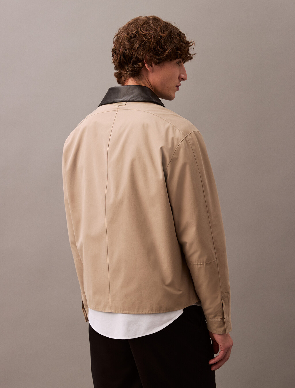 Leather Collar Bomber Jacket, Greige, hi-res