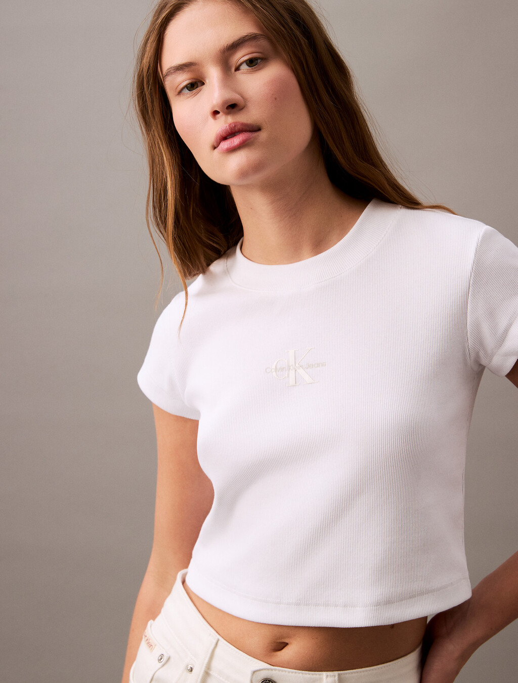 Slim Cropped Monogram T-shirt, Brilliant White, hi-res