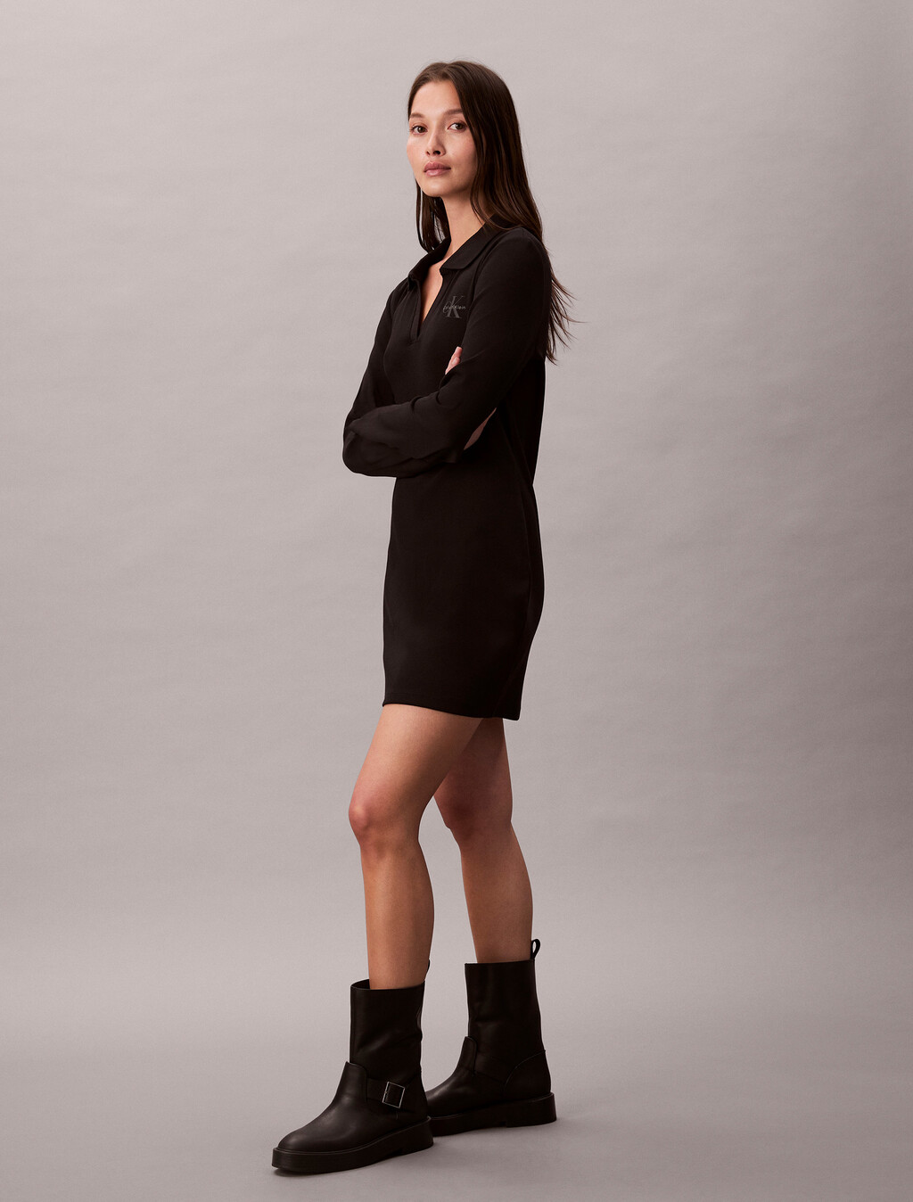 Slim Ribbed Cotton Polo Dress, Black, hi-res