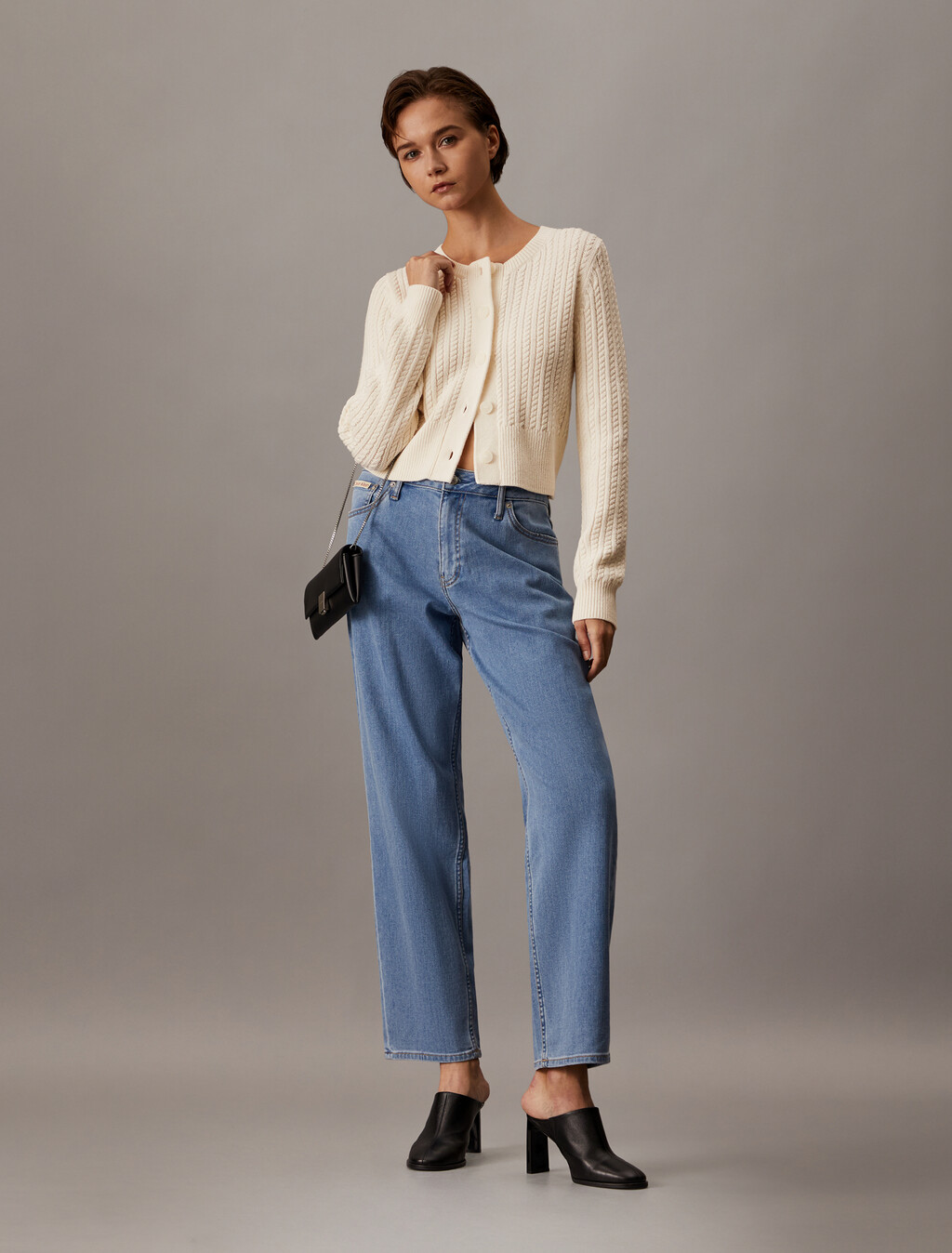 Cropped Cable Knit Cardigan, Ivory, hi-res