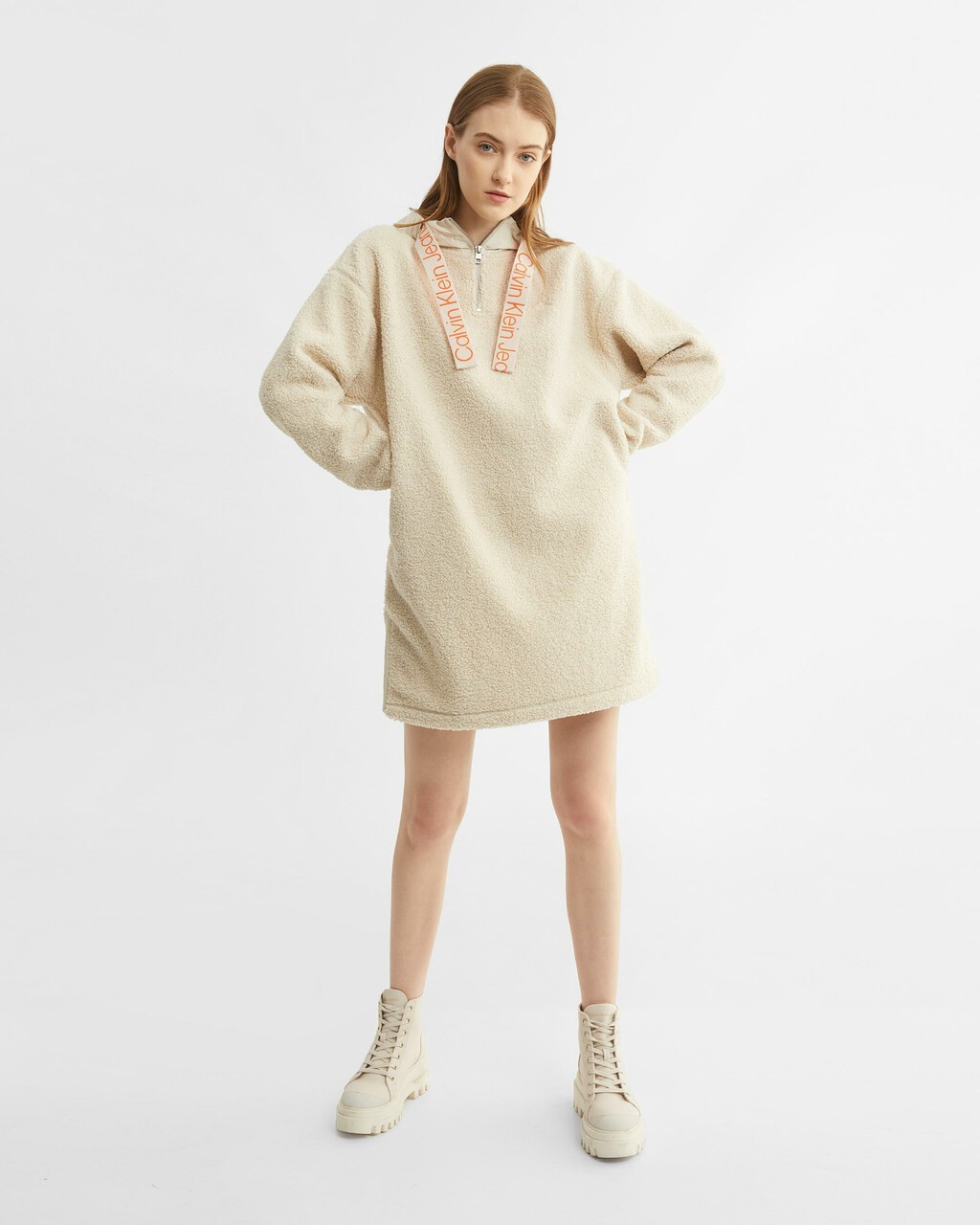 MIX MEDIA SHERPA FLEECE RELAXED SWEATSHIRT DRESS, Eggshell, hi-res