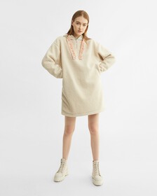 MIX MEDIA SHERPA FLEECE RELAXED SWEATSHIRT DRESS, Eggshell, hi-res