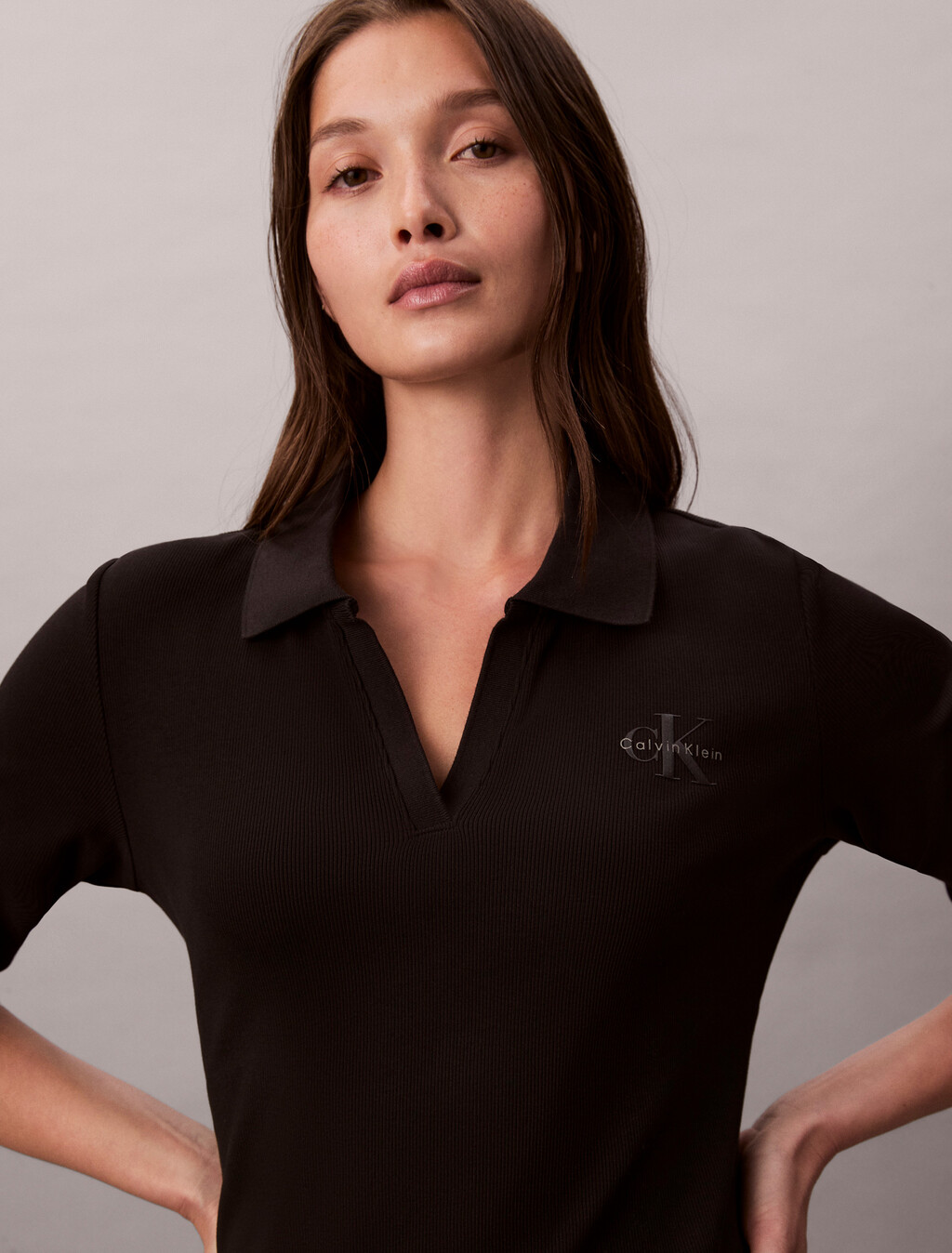 Slim Ribbed Cotton Polo Dress, Black, hi-res