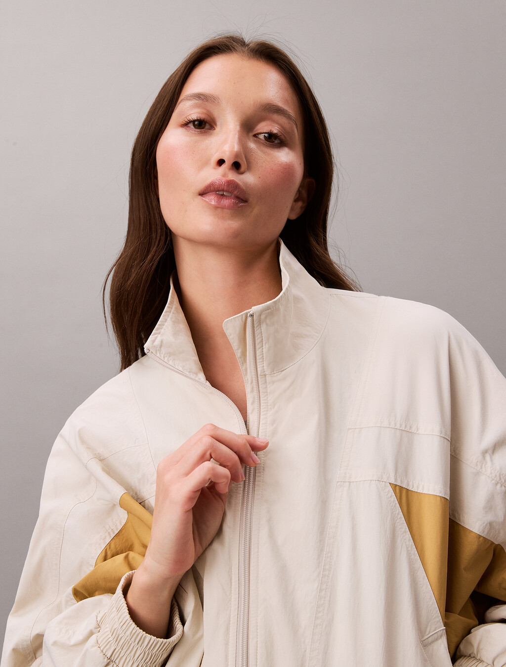 Cropped Colour Block Nylon Jacket, Chalk / Antelope, hi-res