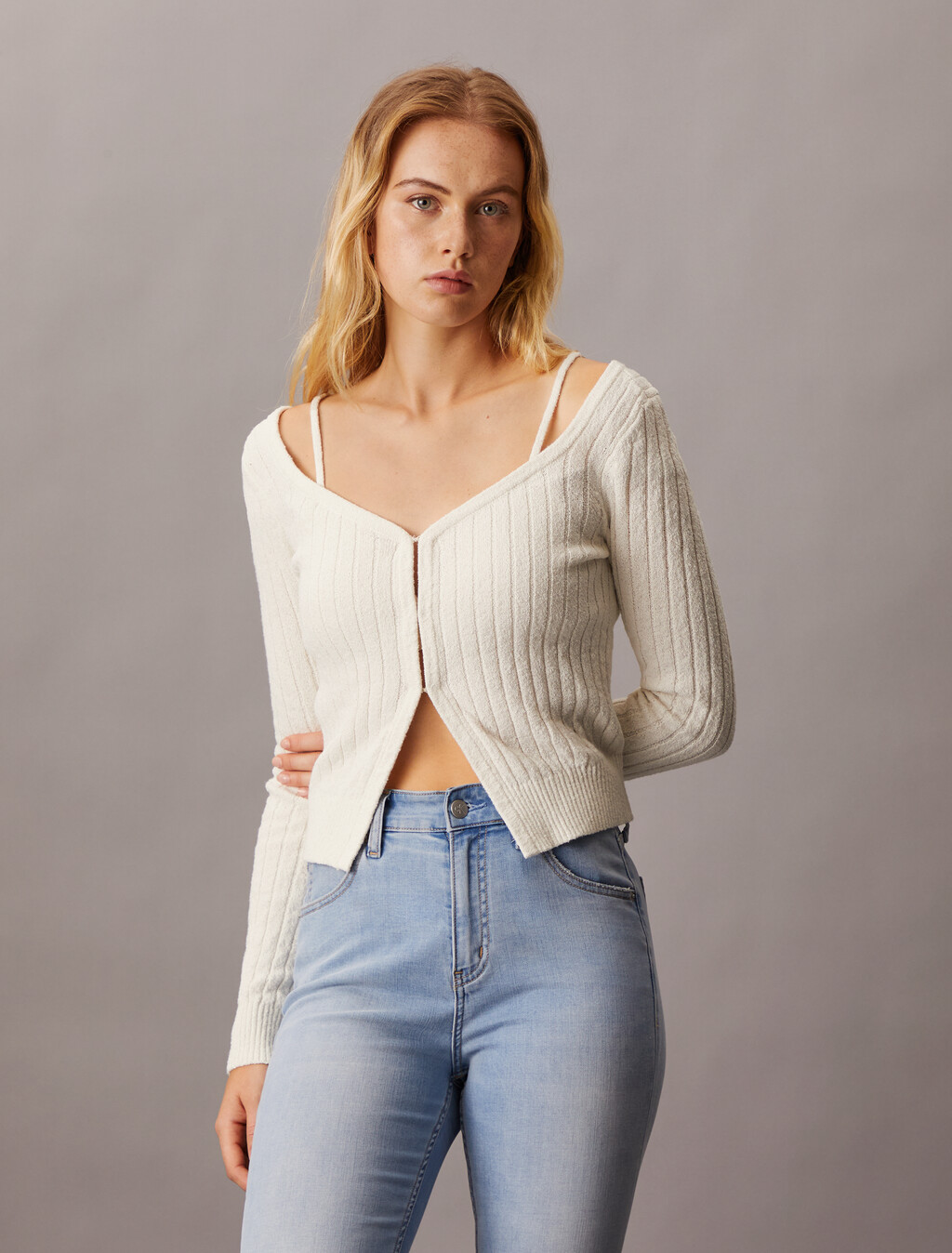 Sensual Strap Knit Cardigan, Ivory, hi-res