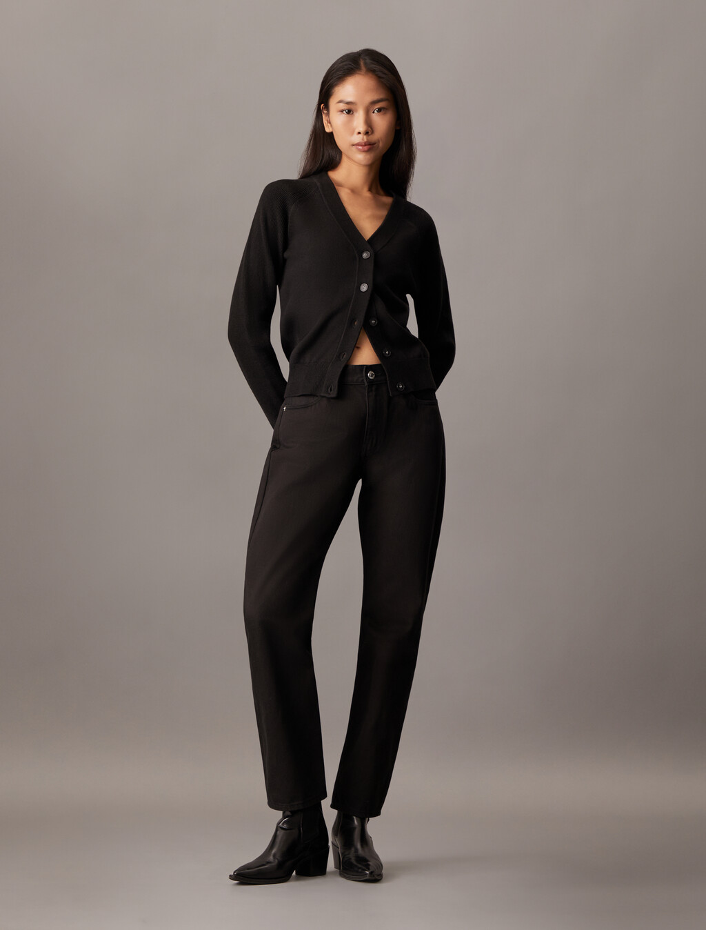 V Neck Rib Knit Cardigan, Ck Black, hi-res