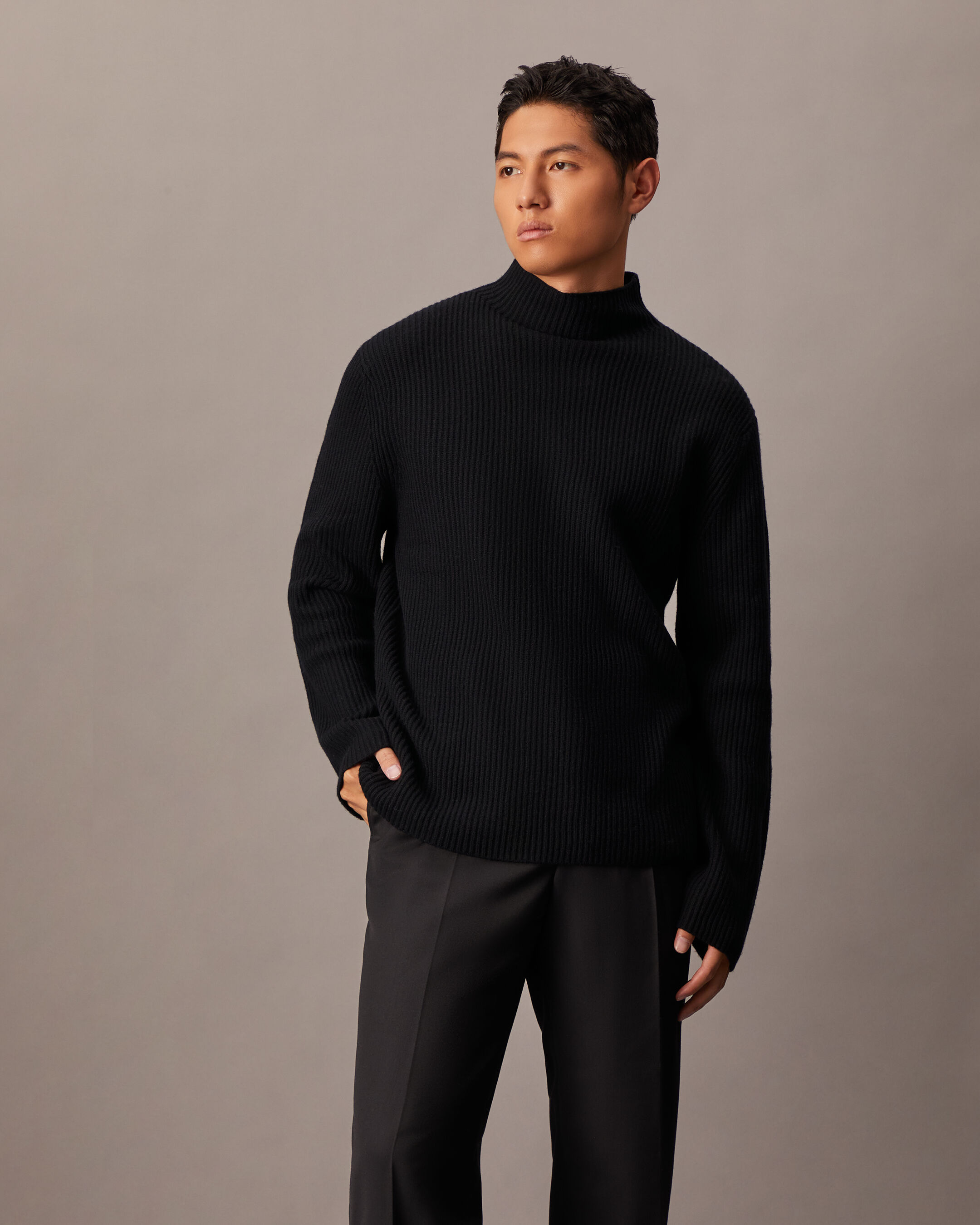 Woolen Rib Knit Mock Neck Sweater black Calvin Klein Singapore