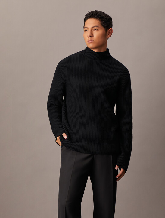 Woolen Rib Knit Mock Neck Sweater