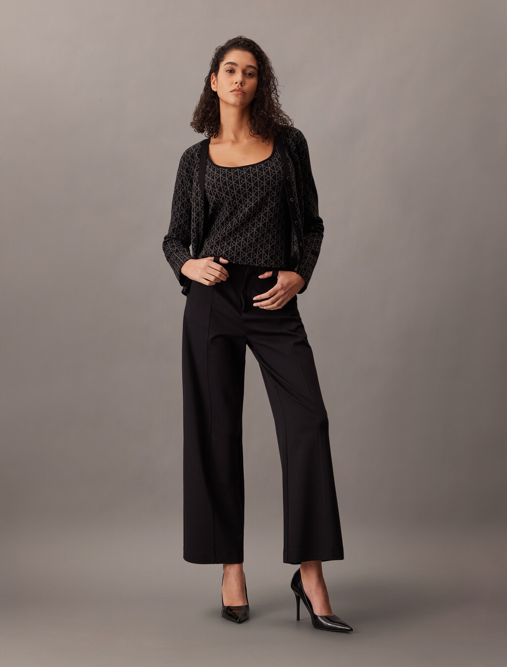 Monogram Tank Cardigan Twinset, Black, hi-res