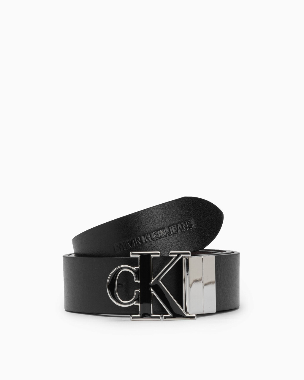REVERSIBLE ENAMEL MONOGRAM BELT, BLACK/BITTER BR, hi-res