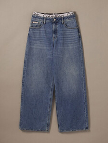 Logo Waistband Low Rise Baggy Jeans, MID BLUE, hi-res