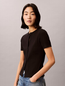 Ribbed Short Sleeve Cardigan, Black, hi-res