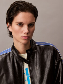 Relaxed Leather Zip Jacket, Black / Déja Vu Blue / White, hi-res