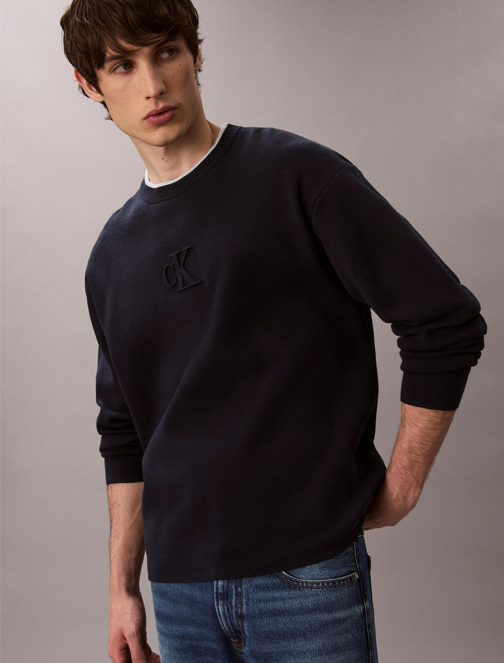 Embossed Monogram Logo Relaxed Sweater, Dark Sapphire, hi-res